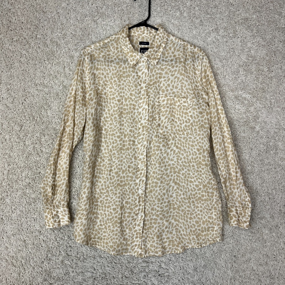 Gap 100% Linen Button Up Shirt Womens Medium Beige Animal Print Preppy Office